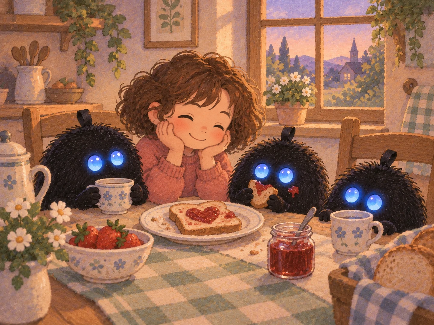 Los Punchis y su amiga comparten una tostada con un corazón de mermelada.