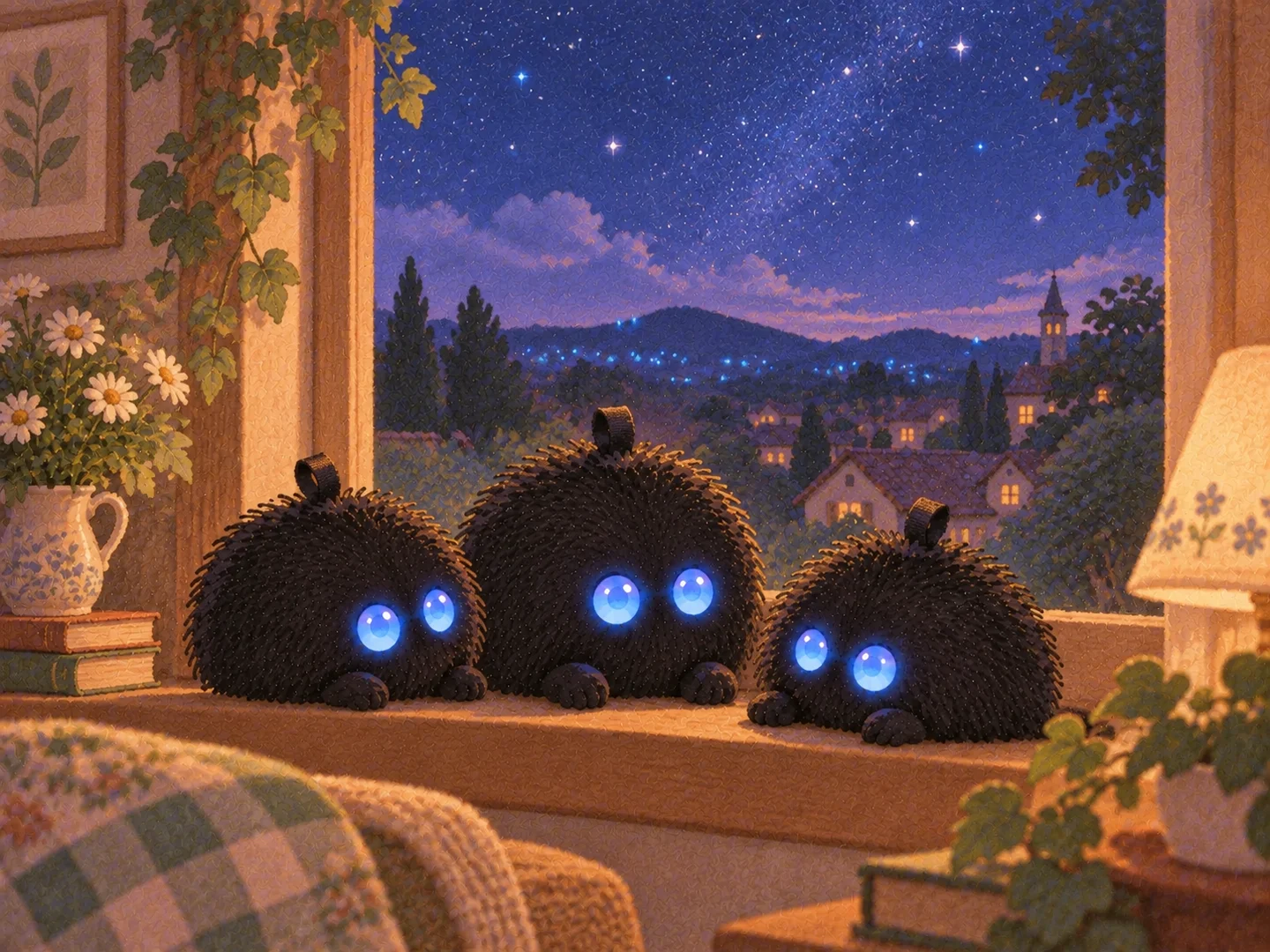 Tres Punchis brillan en la ventana ante un cielo estrellado.