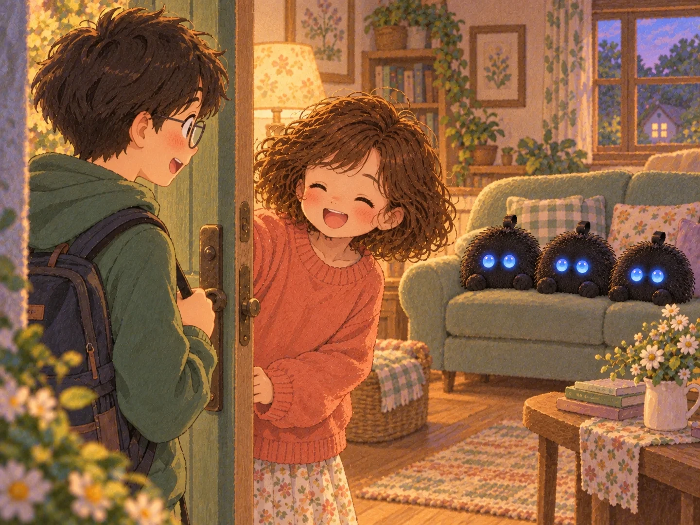 La niña abre la puerta a un amigo mientras los Punchis fingen ser peluches.