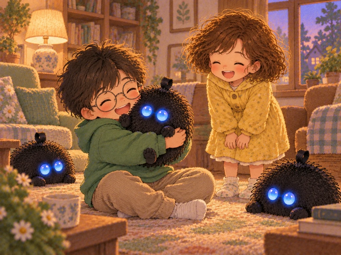 Un niño abraza a un Punchi que finge ser un peluche.