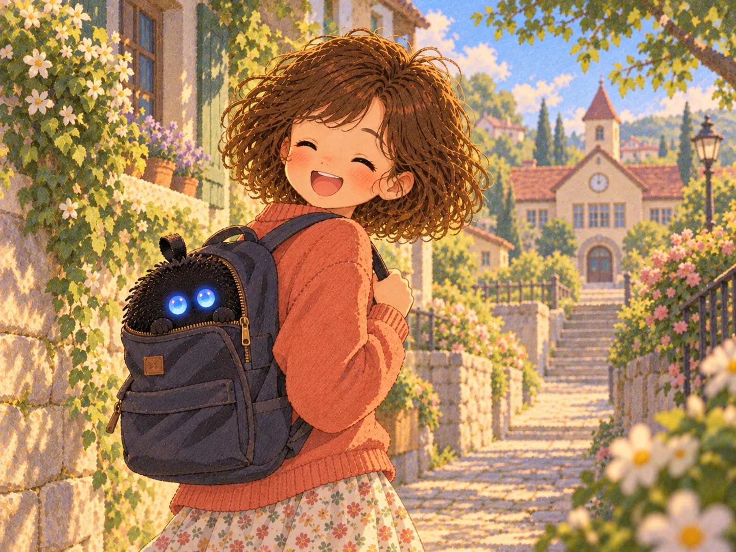 Los ojos azules de un Punchi asoman por la mochila de camino al colegio.