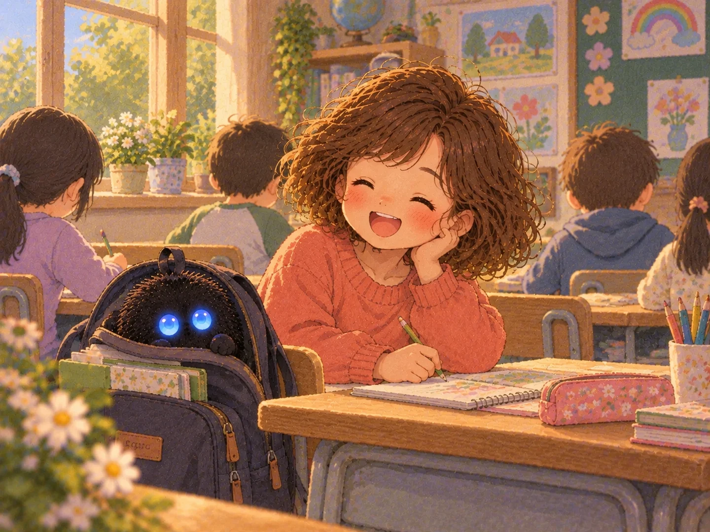 Un Punchi asoma por la mochila de la niña en clase.