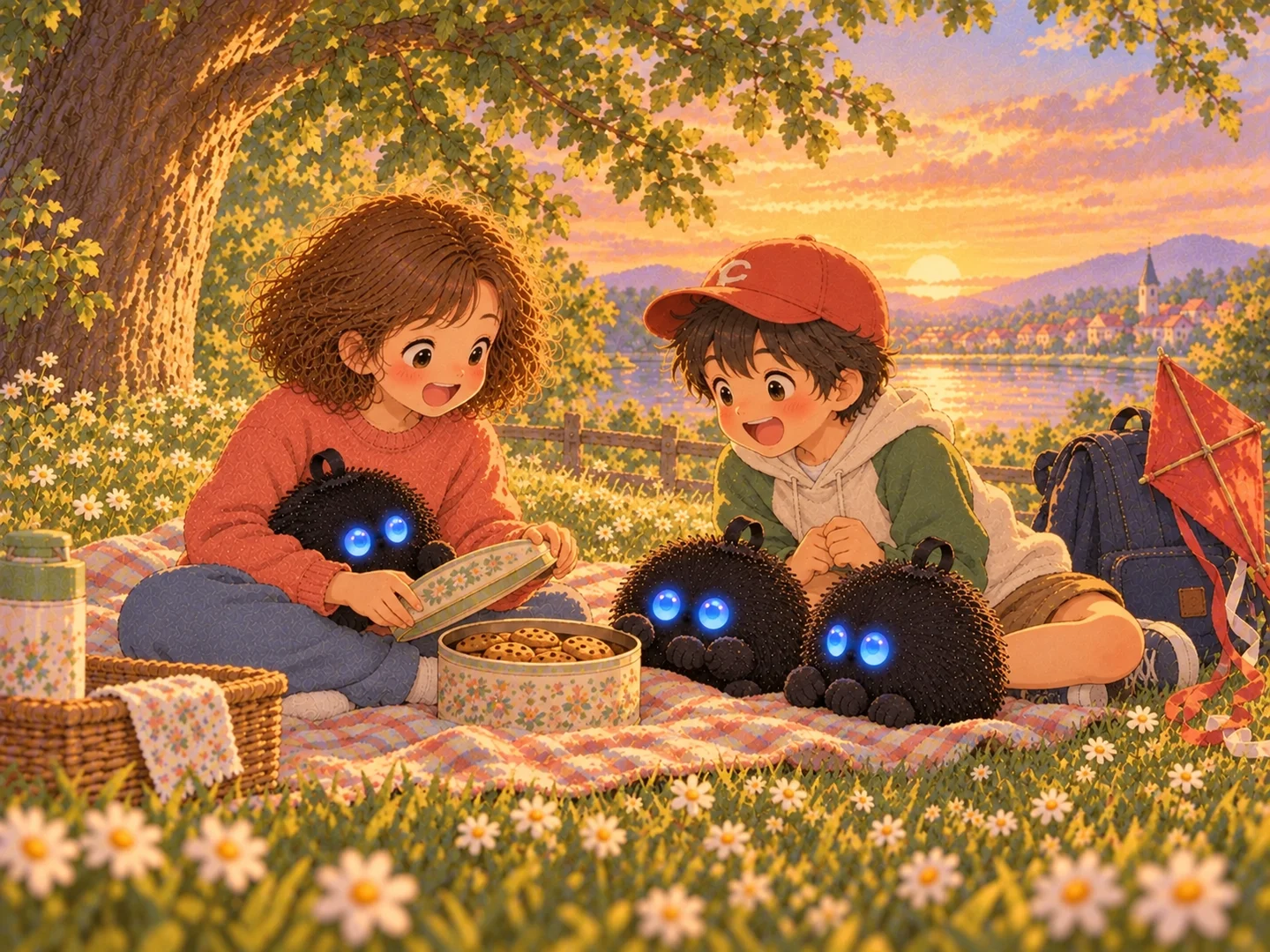 La niña con un Punchi y el niño con otros dos abren una lata de galletas en el parque.