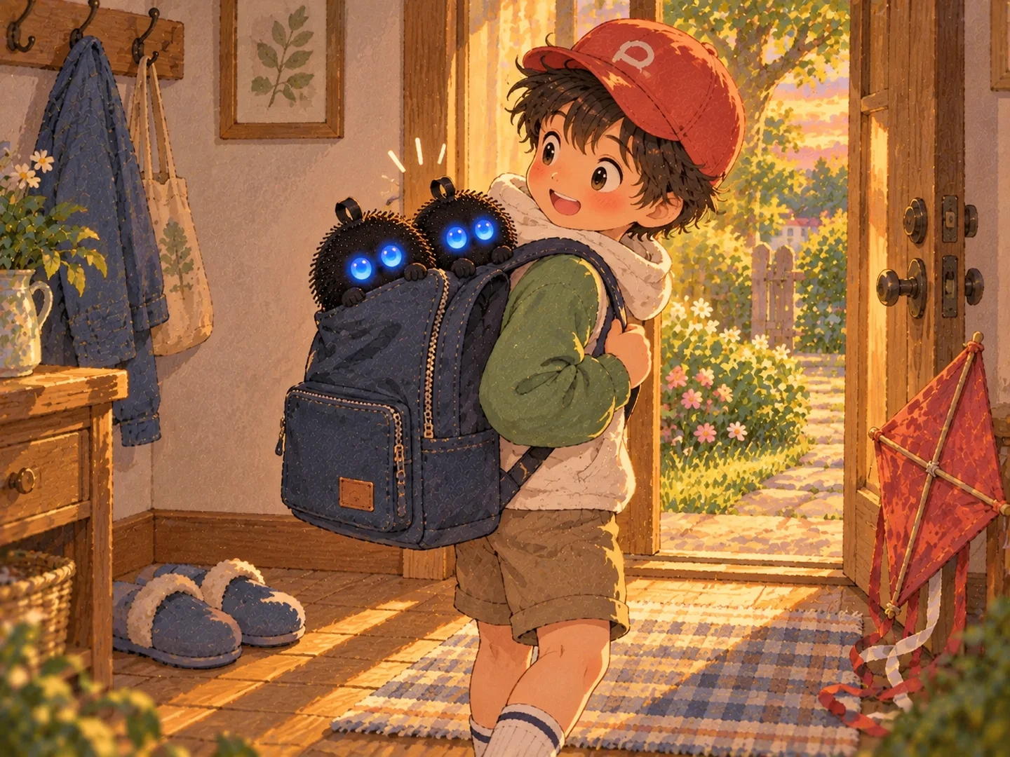 Dos Punchis asoman en la mochila del niño al entrar en su casa con la cometa.
