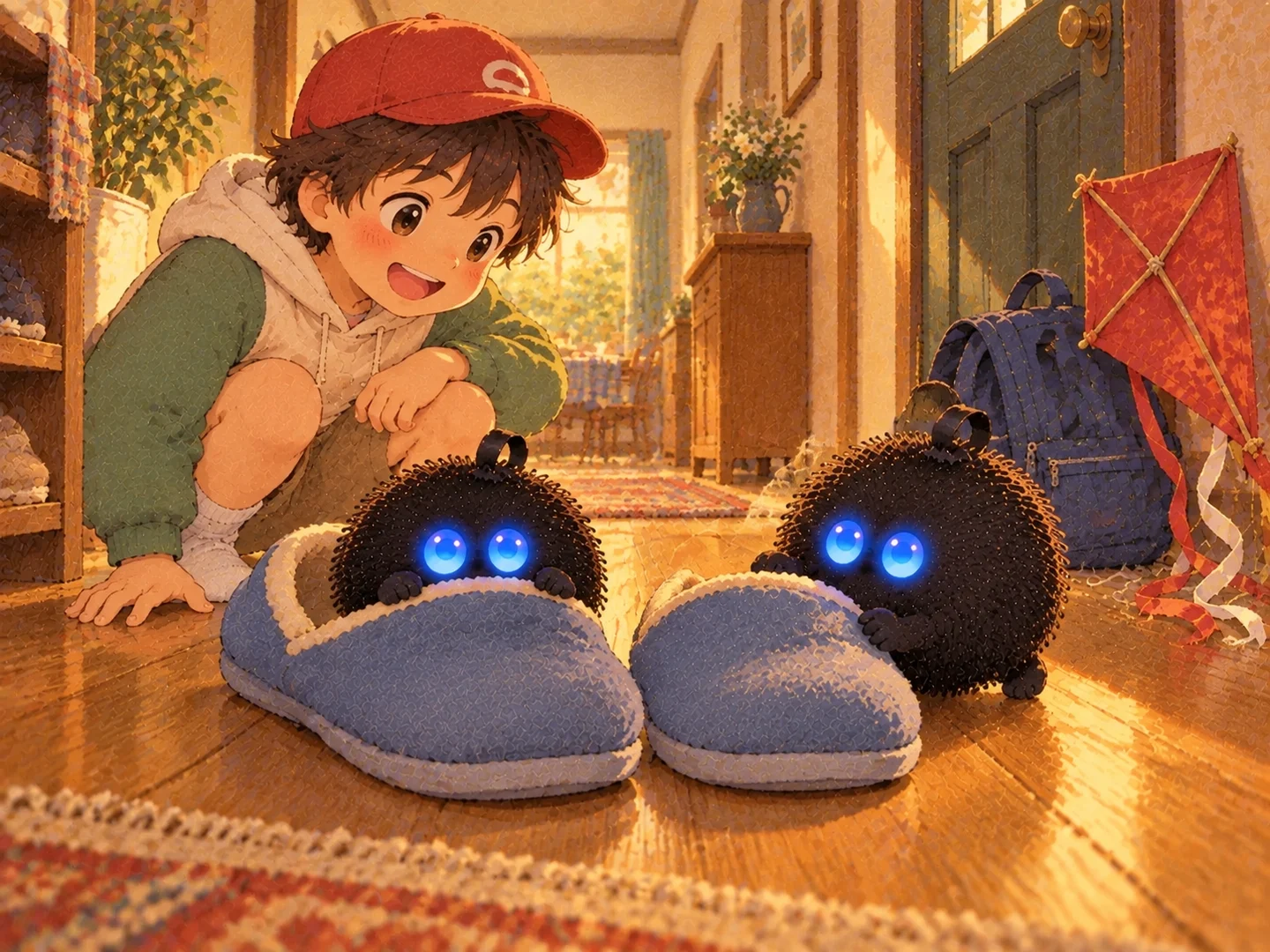 El niño y dos Punchis descubren unas zapatillas azules en la entrada.