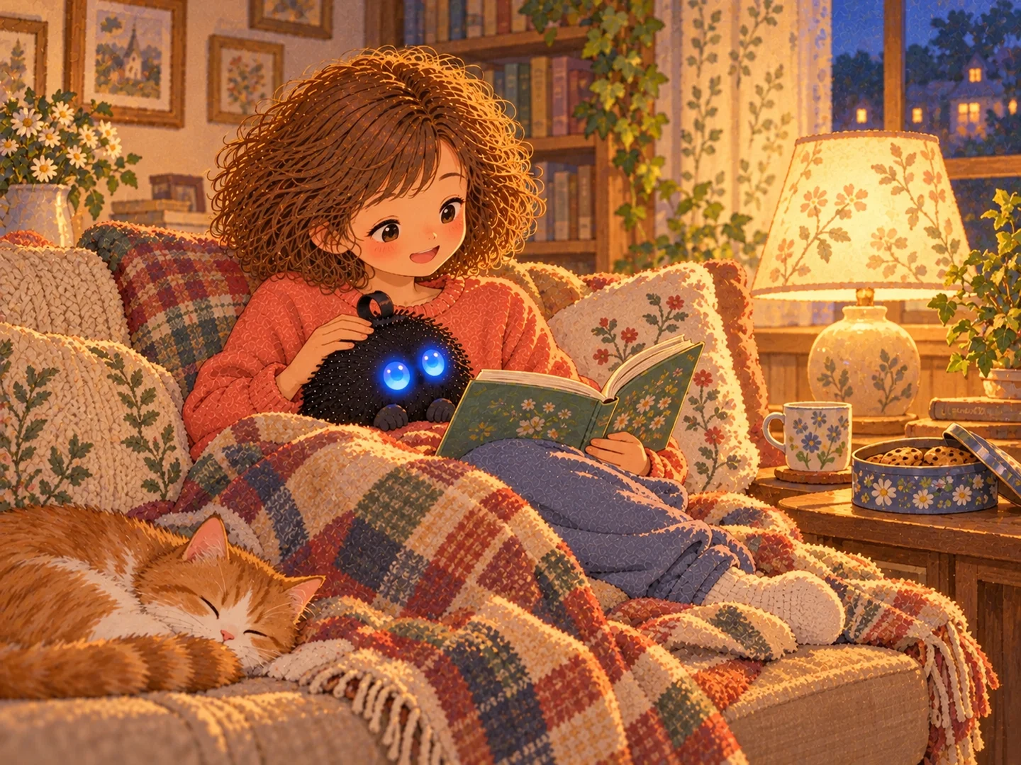 La niña lee con su único Punchi en el sofá de su casa.