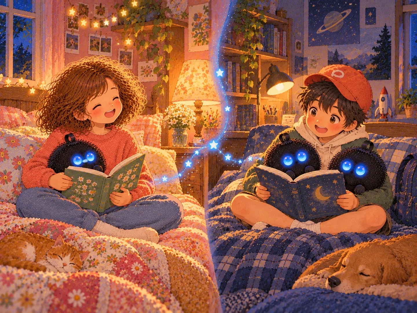 La niña con un Punchi y el niño con dos leen en sus casas, unidos por un suave brillo azul.