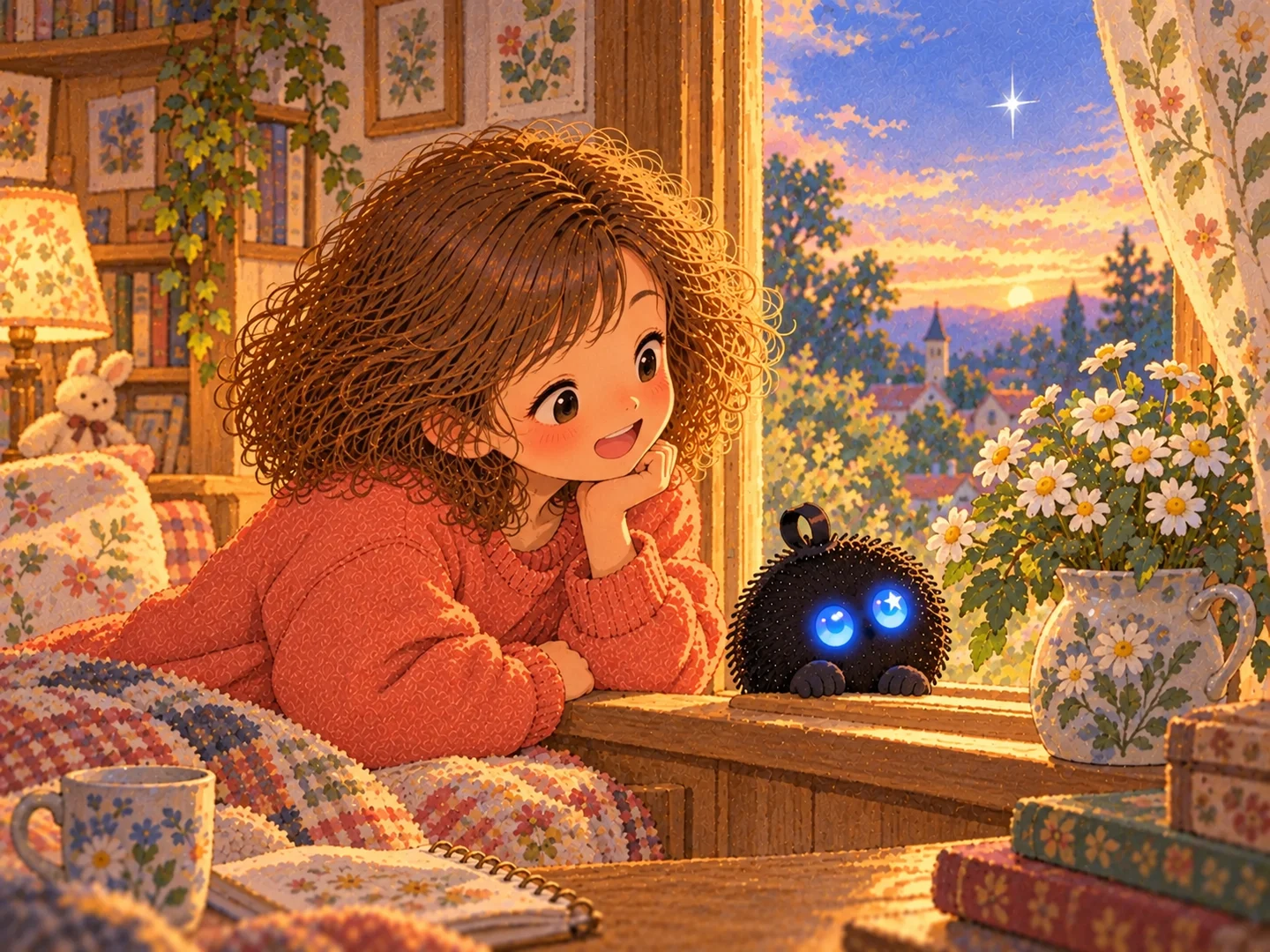 La niña y su único Punchi miran una luz en el cielo desde su ventana.