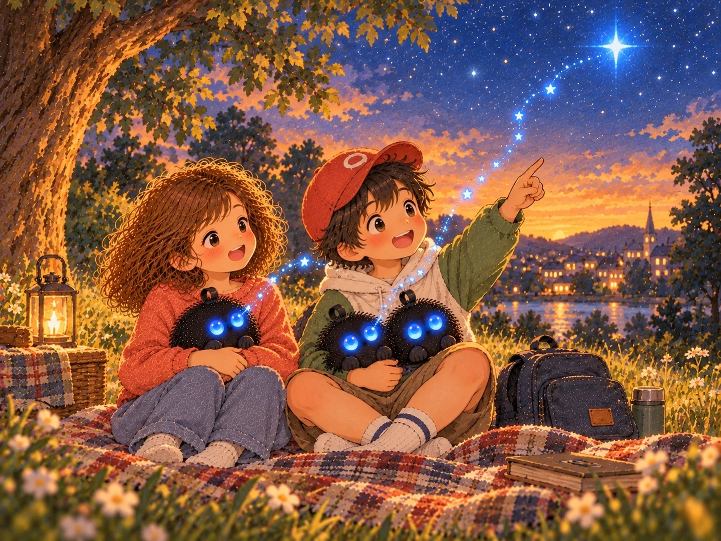 Los niños y los tres Punchis miran una estrella azul al anochecer.