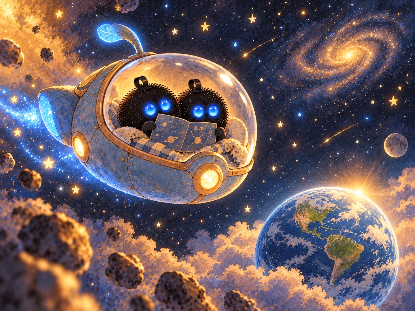Dos nuevos Punchis viajan por el espacio en una pequeña nave con un mapa.