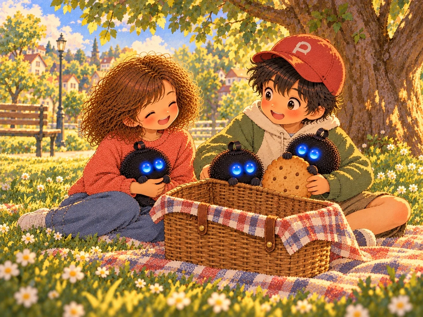 Los tres Punchis y los niños añaden una galleta grande a la cesta de bienvenida.