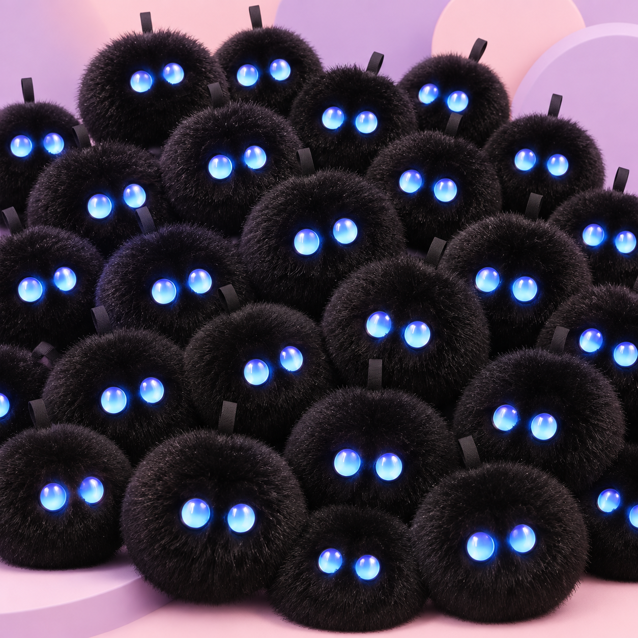 Imagen conceptual generada con IA: multitud de peluches negros redondos con ojos LED azules